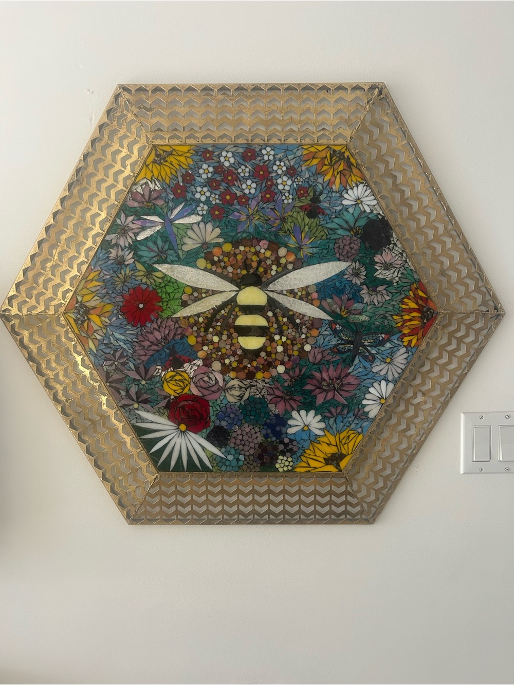 Hexagonal Bee Floral Wall Art with Gold Frame - Multi-Color